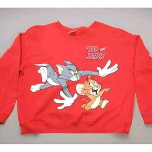 Tom and Jerry Graphic Light Fleece Sweatshirt Crewneck Red Adult Size 3XL